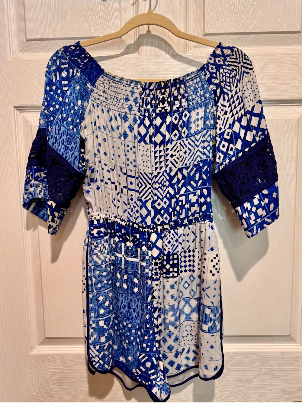 Tracy Reese Blue & White Smocked Off-Shoulder Romper NWT
